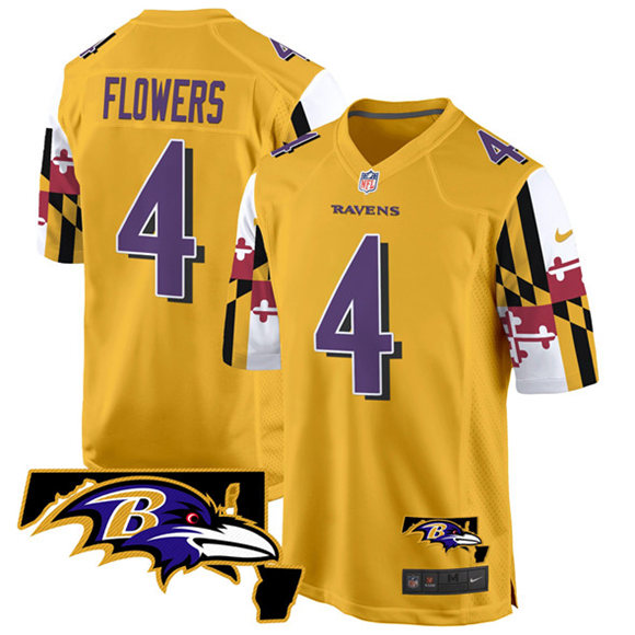 Men's Baltimore Ravens #4 Zay Flowers Gold 2025 Maryland Flag Vapor Limited Football Game Jersey Men's Baltimore Ravens #4 Zay Flowers Gold 2025 Maryland Flag Vapor Limited Football Game Jersey
